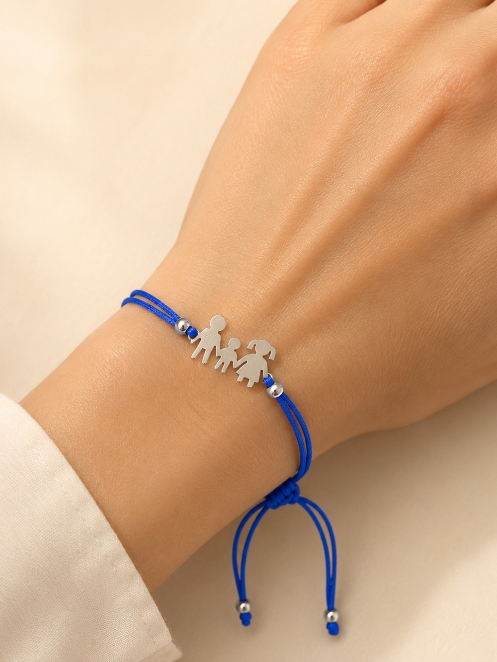 Adjustable Blue Cord Bracelet with Silver Family Charm